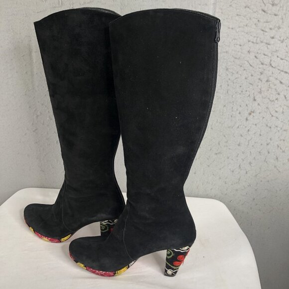 Artemis Suede Boots Womens 8.5 Black Leather Embroidery Heels Boho Retro 70s - Picture 2 of 16